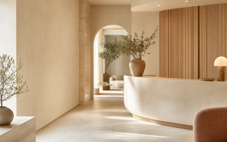 Maison Elan reception with a sculptural cream desk, pale stone surfaces and greenery.